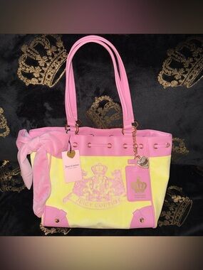 NWT Juicy Couture Velour Yellow Iris Pink Classic Scottie Dogs Tote Daydreamer